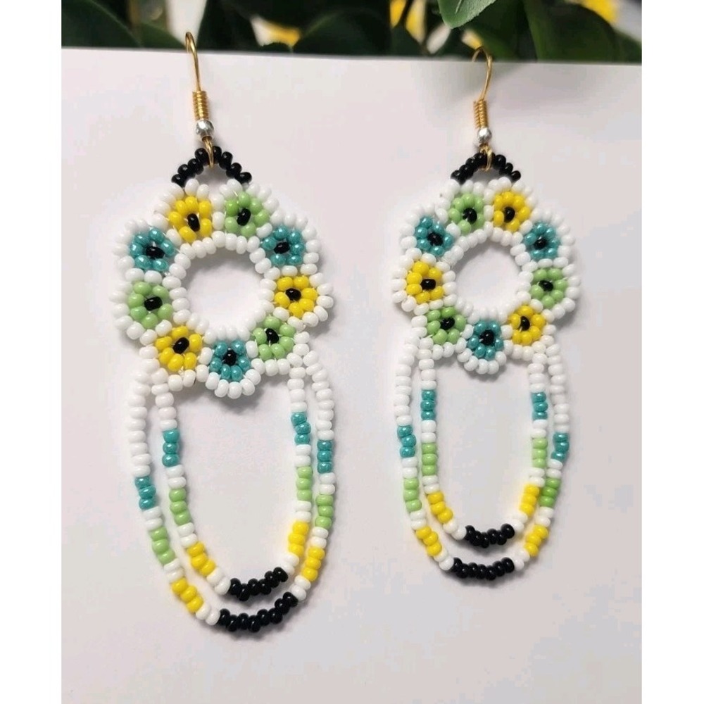 Handmade Seed Bead Flower Earrings - Colorful Boho Huichol Style Drop Jewelry